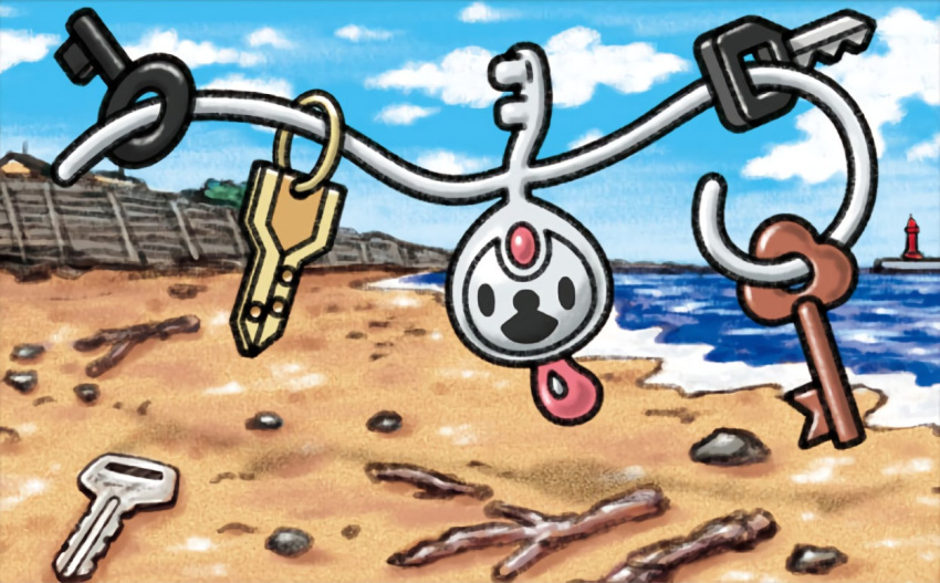 :d beach black_eyes blue_sky clouds cloudy_sky commentary creature day english_commentary floating full_body gen_6_pokemon happy house key klefki looking_at_viewer multiple_sources no_humans ocean official_art open_mouth outdoors pokemon pokemon_(creature) pokemon_trading_card_game rock sand sky smile solo stick third-party_source tower water