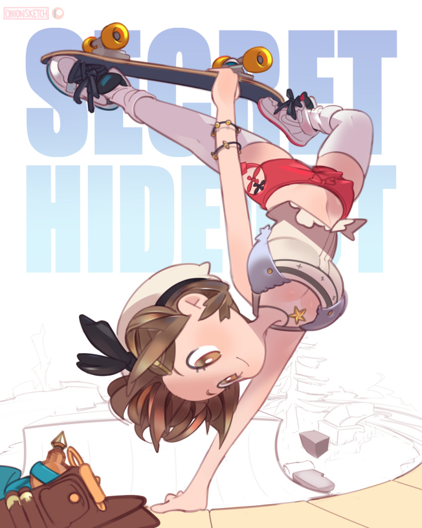 1girl adapted_costume artist_name atelier_(series) atelier_ryza bag beret breasts brown_eyes brown_hair english_text hat highres jewelry midriff necklace nike onionsketch patreon_logo red_shorts reisalin_stout shoes short_shorts shorts skateboard skateboarding smile sneakers solo star star_necklace thigh-highs white_headwear white_legwear