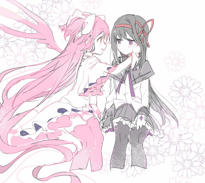 2girls akemi_homura black_hair black_legwear blush capelet closed_mouth commentary_request cropped_legs dot_nose dress expressionless eyebrows_visible_through_hair floral_background flower gloves goddess_madoka hair_ribbon hand_on_another's_cheek hand_on_another's_face happy kaname_madoka long_dress long_hair long_sleeves looking_at_another mahou_shoujo_madoka_magica multiple_girls open_mouth pantyhose pink_hair pink_legwear pipi_o_(pipioo08) profile purple_capelet red_ribbon ribbon simple_background sitting smile soul_gem straight_hair talking thigh-highs two_side_up very_long_hair violet_eyes white_background white_dress white_gloves wide_sleeves wings zettai_ryouiki
