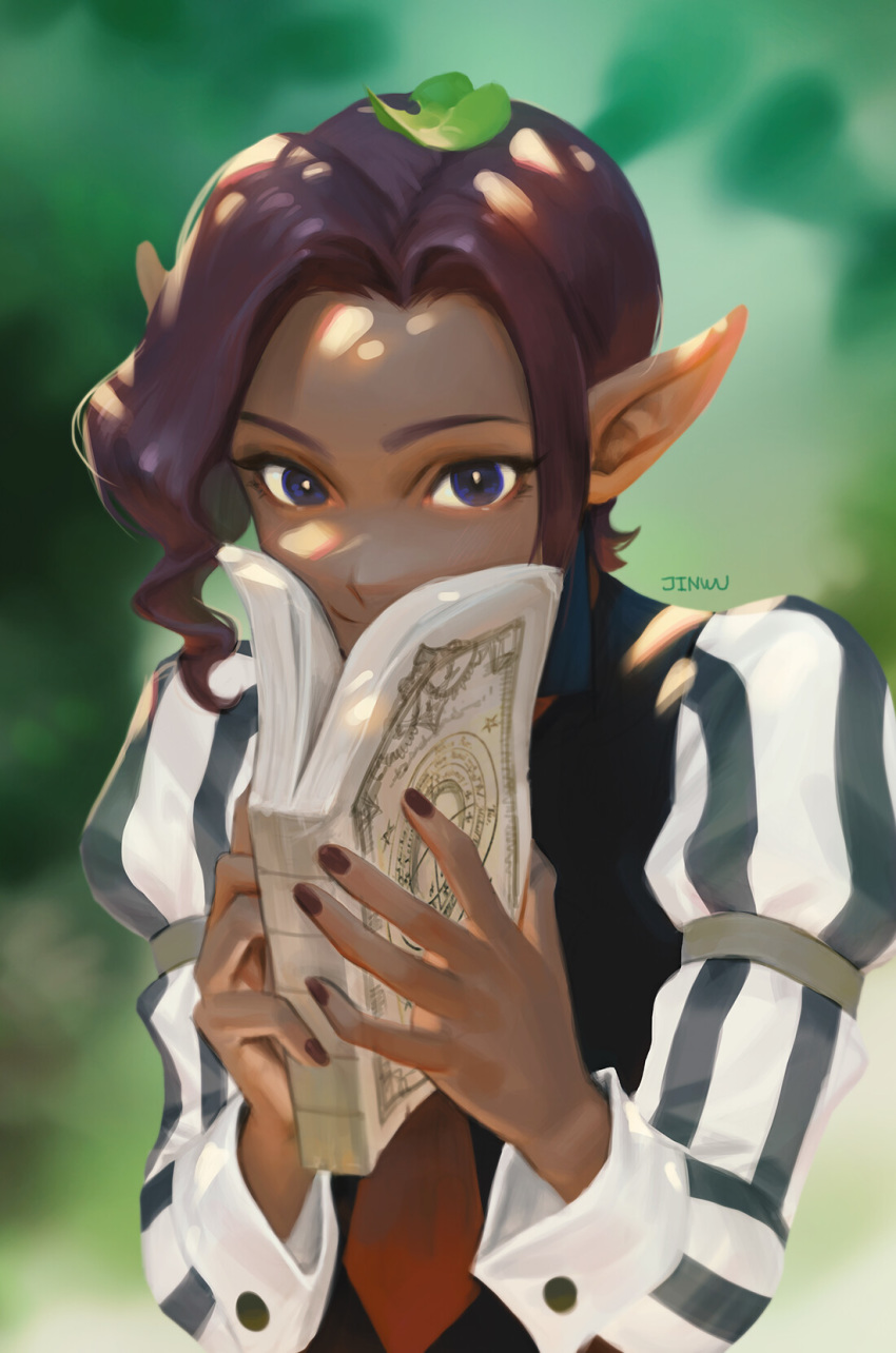 1boy black_nails book butler commentary covering_face cube_(princess_maker) dappled_sunlight dark_elf dark_skin day elf english_commentary forehead highres holding holding_book jinwu_(artist) leaf leaf_on_head making-of_available male_focus necktie pointy_ears princess_maker princess_maker_2 purple_hair red_neckwear solo sunlight vest