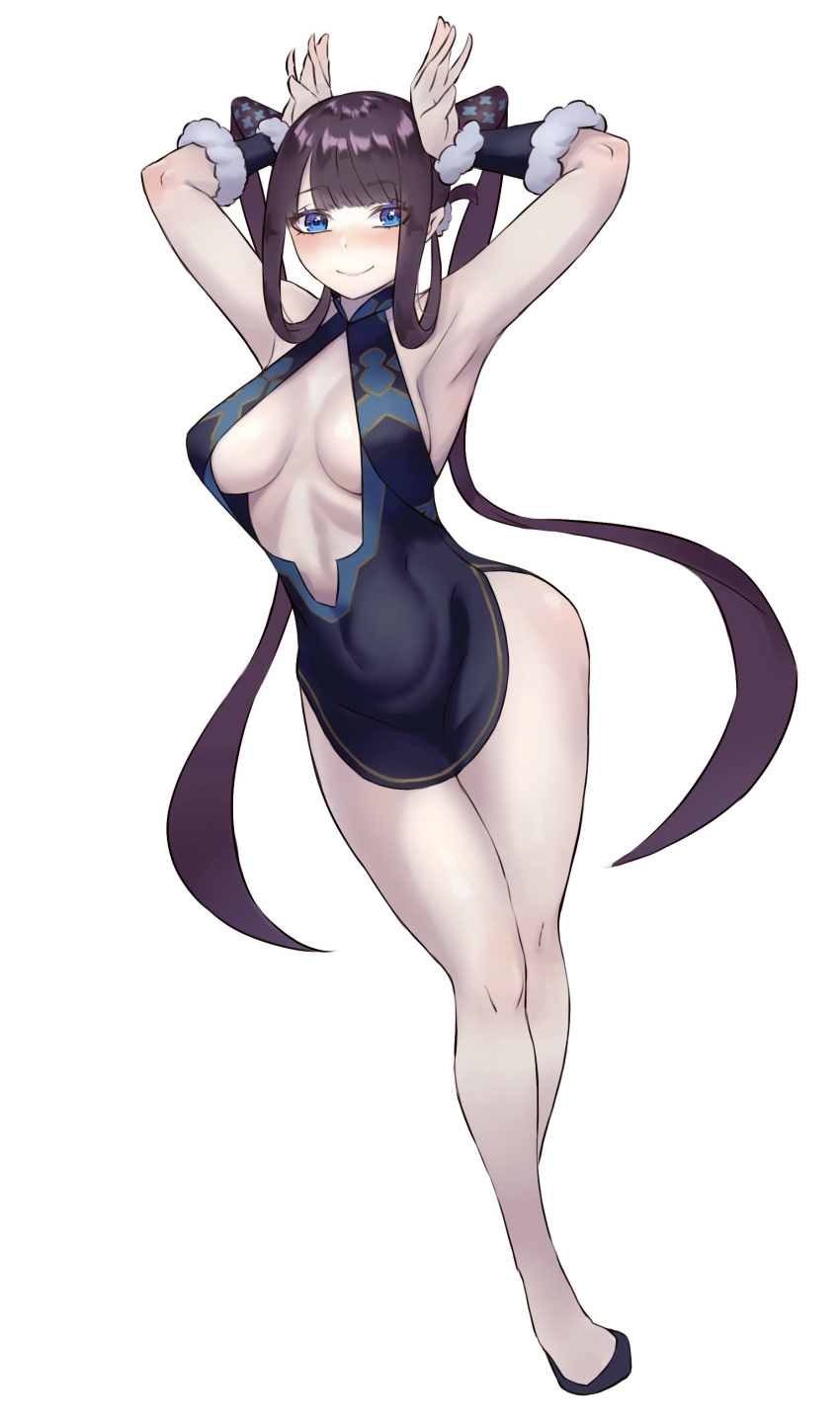 1girl absurdres armpits arms_up bangs bare_shoulders black_dress black_footwear blue_eyes blunt_bangs blush breasts center_opening china_dress chinese_clothes closed_mouth covered_navel detached_sleeves dress fate/grand_order fate_(series) freddy_(pixiv30729500) full_body hair_ornament highres large_breasts legs long_hair looking_at_viewer purple_hair short_dress side_slit sidelocks simple_background smile solo twintails very_long_hair white_background yang_guifei_(fate/grand_order)