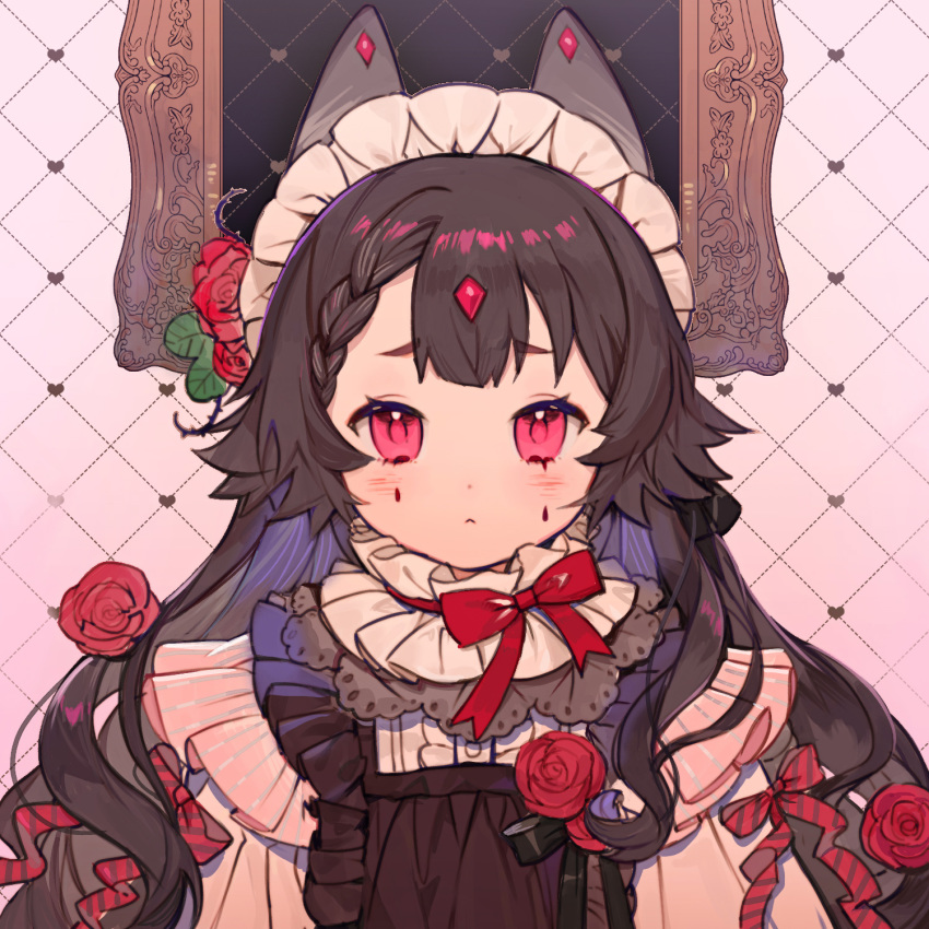 1girl :&lt; bow braid brown_hair closed_mouth colored_tears copyright_request flower frame heart highres light_blush long_hair looking_at_viewer red_bow red_flower red_rose rose rosette_(yankaixuan) solo tears upper_body