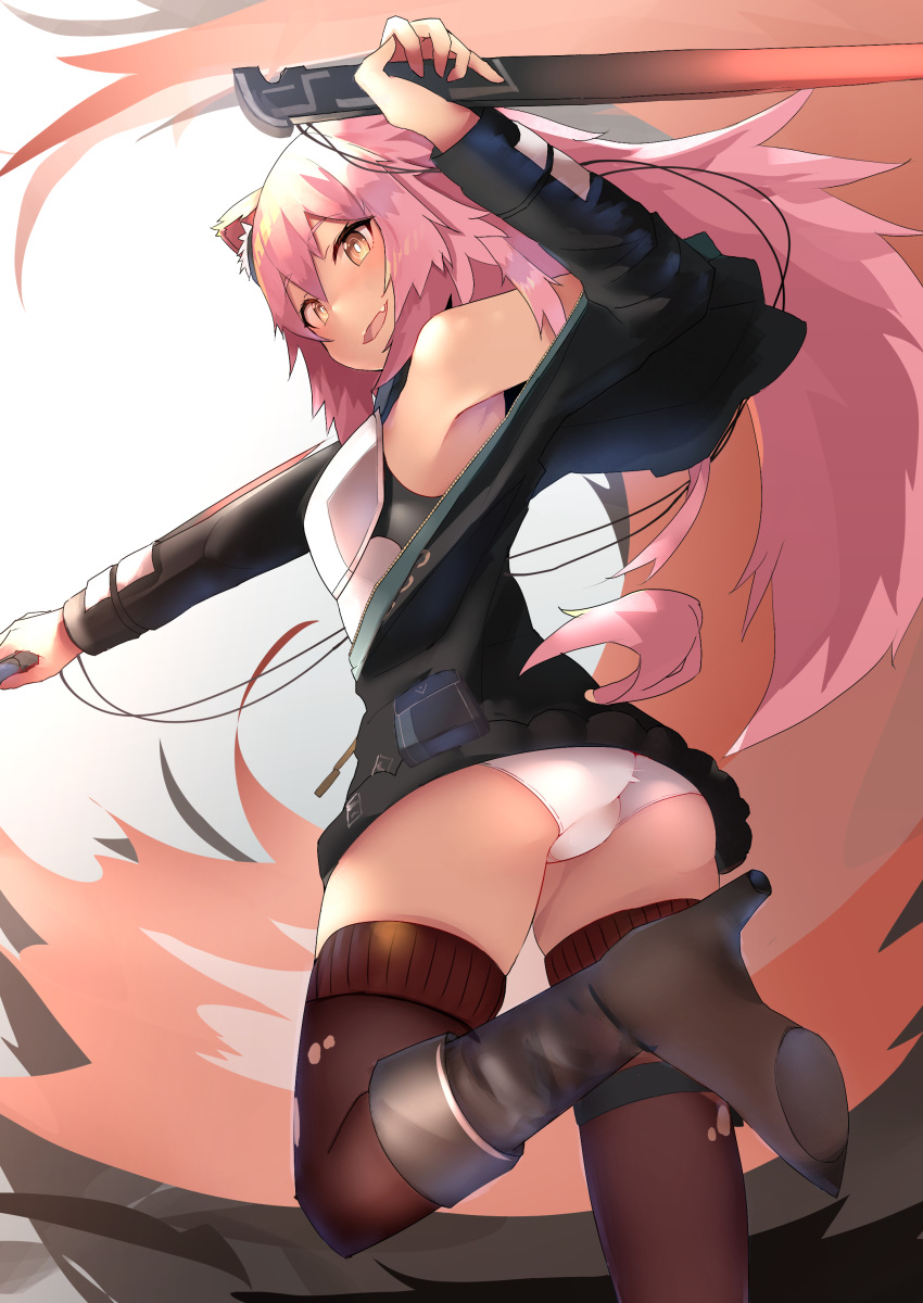 1girl absurdres animal_ear_fluff animal_ears arknights armor bangs beefjk boots breasts eyebrows_visible_through_hair fang fang_out gravel_(arknights) guardless_sword hair_between_eyes high_heel_boots high_heels highres holding holding_weapon hood hooded_jacket jacket long_hair looking_at_viewer open_clothes open_mouth panties pink_hair simple_background skirt smile solo sword tail thigh-highs torn_clothes torn_legwear underwear upskirt weapon white_background white_panties wire zipper