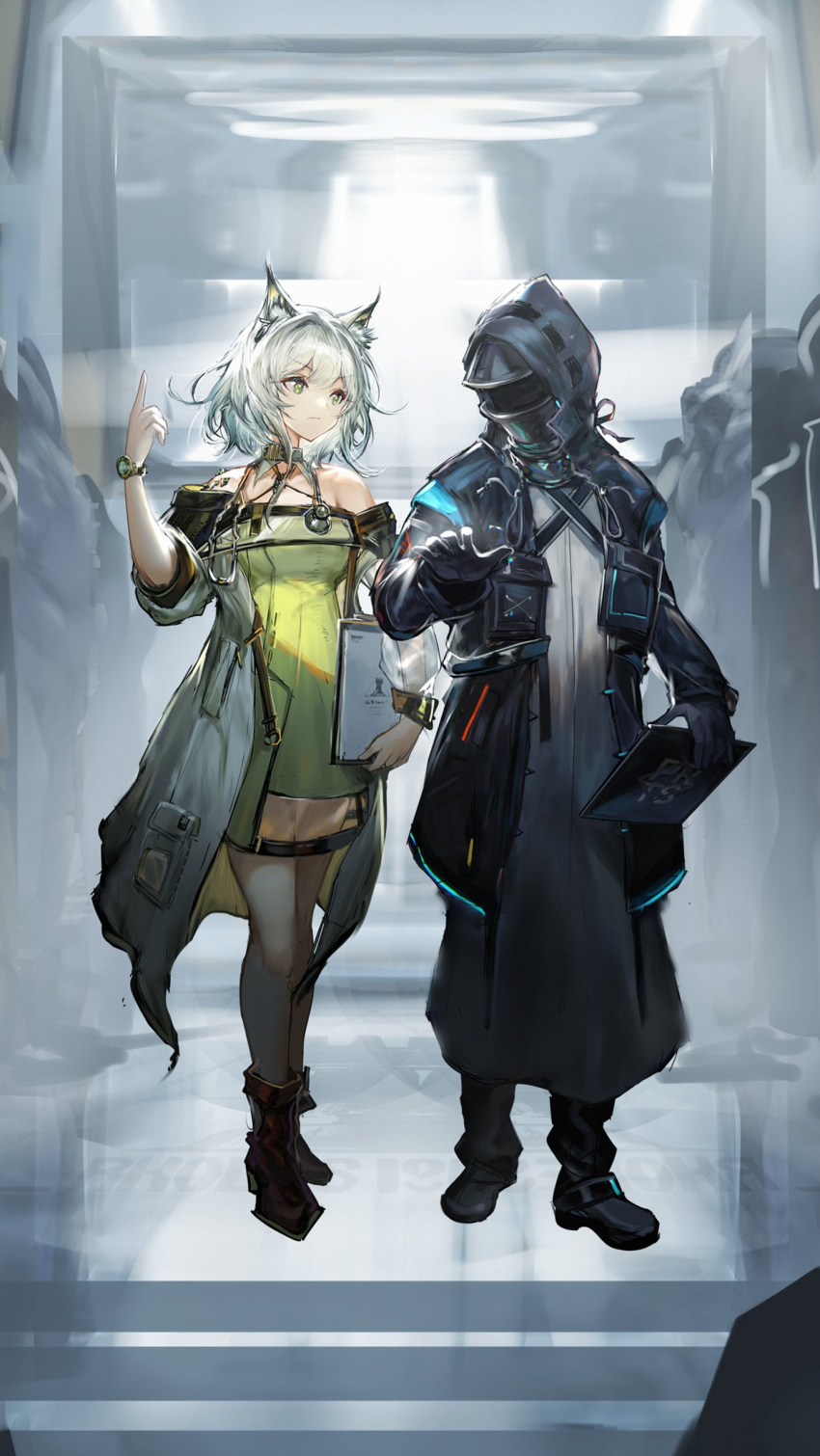 1girl 1other absurdres ambiguous_gender animal_ear_fluff animal_ears arknights black_jacket cat_ears clipboard doctor_(arknights) dress green_dress highres hood hood_up hooded_coat hooded_jacket jacket jell_(jell_y_fish) kal'tsit_(arknights) off-shoulder_dress off-shoulder_jacket off_shoulder oripathy_lesion_(arknights) rhodes_island_logo stethoscope watch watch