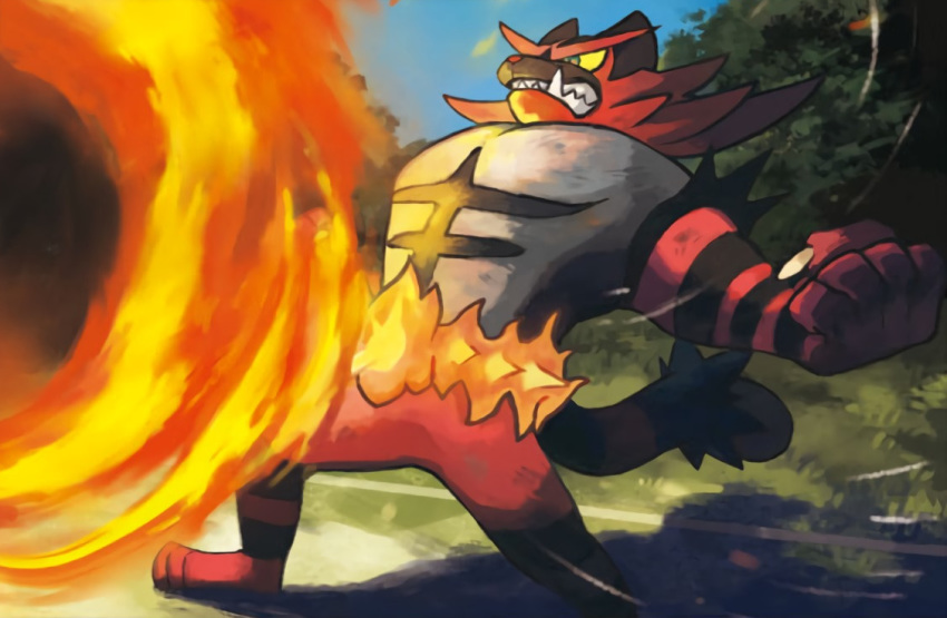 andou_emi blue_sky bush clenched_teeth commentary creature day english_commentary fangs fire gen_7_pokemon grass incineroar legs_apart multiple_sources no_humans official_art outdoors pokemon pokemon_(creature) pokemon_trading_card_game shadow sharp_teeth sky solo standing teeth third-party_source