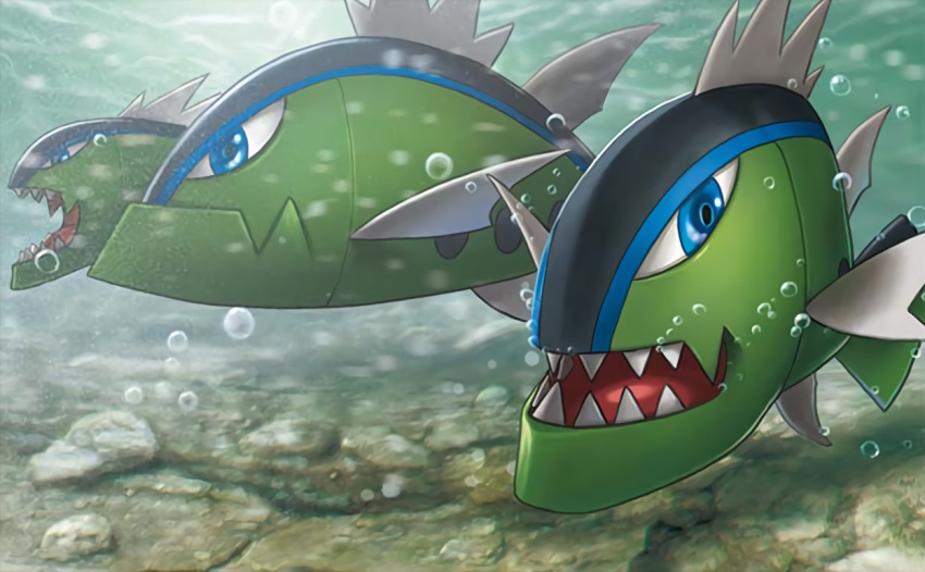 basculin basculin_(blue) blue_eyes bubble commentary english_commentary fish fish_focus gen_5_pokemon multiple_sources no_humans official_art pokemon pokemon_trading_card_game satoshi_nakai sharp_teeth swimming teeth third-party_source underwater water