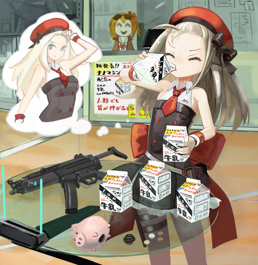 1girl belt_pouch beret blonde_hair blue_eyes bow closed_eyes coin commentary_request double-breasted dress drinking facing_viewer fingernails flat_chest girls_frontline glass_table gun h&amp;k_mp5 hat hat_bow highres holding imagining kalina_(girls_frontline) kesomaru long_hair milk milk_carton mp5_(girls_frontline) necktie piggy_bank pouch red_headwear red_neckwear ribbon short_necktie sleeveless sleeveless_dress solo submachine_gun table thought_bubble translation_request weapon wrist_ribbon