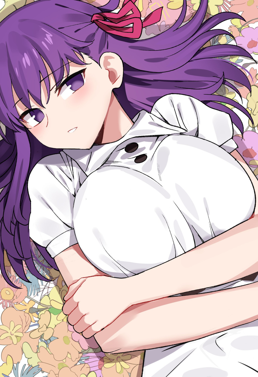 1girl absurdres bangs blush breasts buttons dress fate/stay_night fate_(series) flower hair_ribbon highres large_breasts long_hair looking_at_viewer lying matou_sakura ndgd on_back parted_lips pink_ribbon puffy_short_sleeves puffy_sleeves purple_hair ribbon short_sleeves solo violet_eyes white_dress