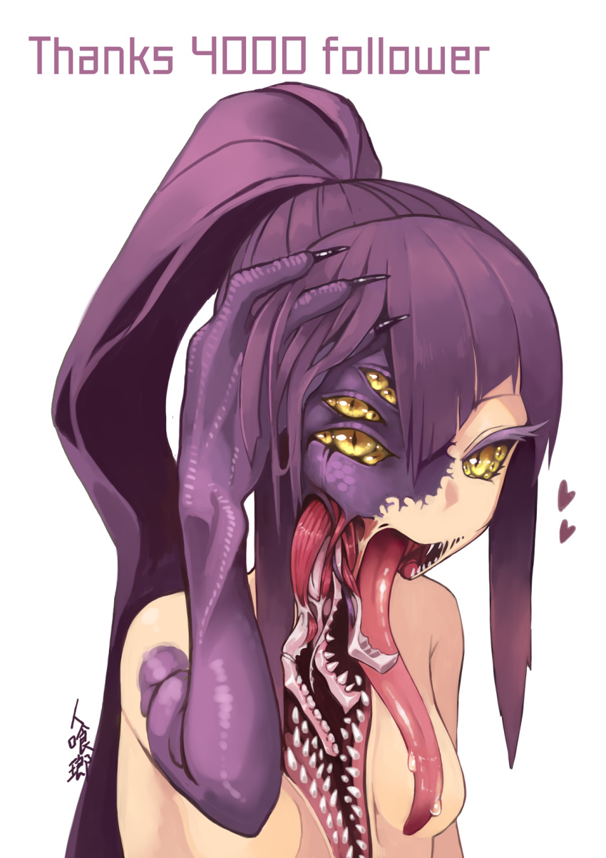 1girl bangs breasts diagonal_bangs english_text extra_eyes extra_teeth followers hand_to_head hand_up heart highres hitokuirou long_hair long_tongue looking_at_viewer monster monster_girl multicolored multicolored_skin multiple_pupils nude original ponytail purple_hair saliva sharp_teeth simple_background small_breasts solo teeth thank_you tongue very_long_hair very_long_tongue white_background yellow_eyes