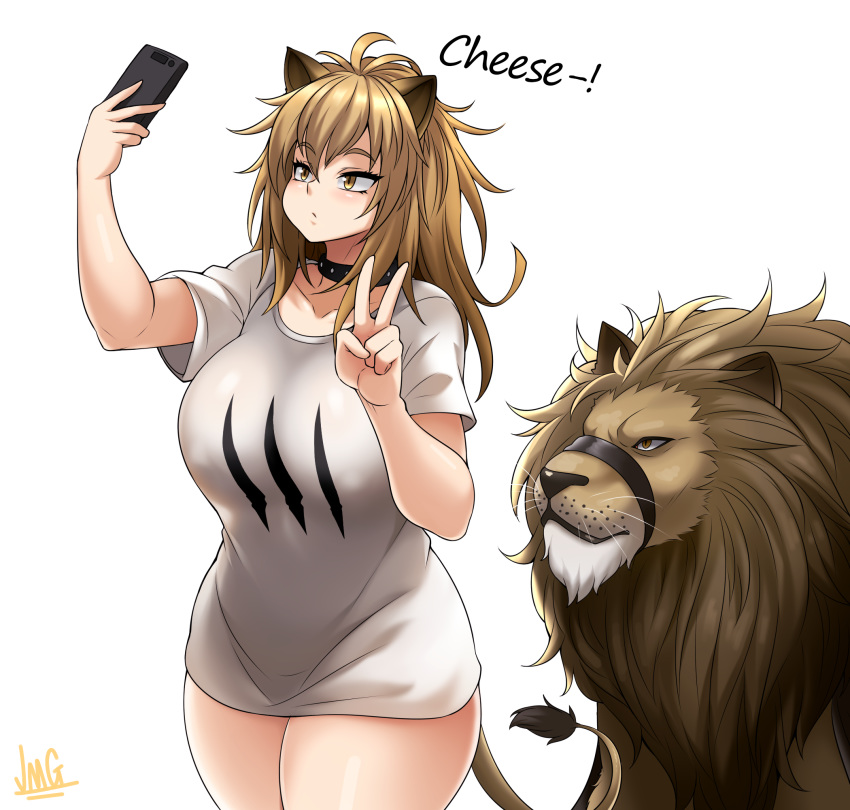 1girl animal animal_ears antenna_hair arknights breasts brown_eyes brown_hair cellphone collar commentary english_commentary english_text highres holding holding_cellphone holding_phone huge_breasts jmg lion lion_ears lion_tail medium_hair messy_hair muzzle pajamas_challenge phone print_shirt self_shot shirt siege_(arknights) standing studded_collar t-shirt tail taking_picture thick_thighs thighs v whiskers