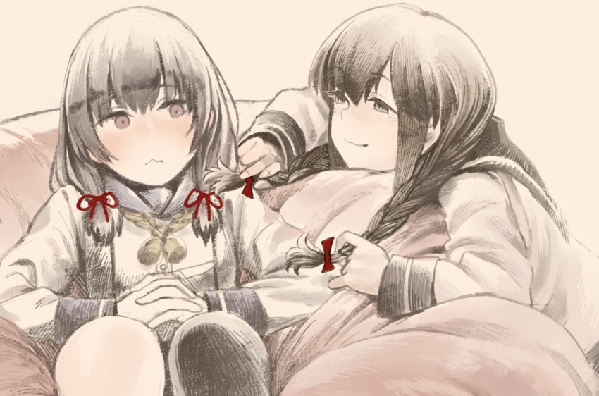 2girls :&lt; asymmetrical_legwear bangs bean_bag_chair black_hair black_legwear blush braid closed_mouth eyebrows_visible_through_hair gloves hair_ribbon isokaze_(kantai_collection) isonami_(kantai_collection) kantai_collection long_hair long_sleeves multiple_girls ribbon sailor_collar school_uniform serafuku simple_background single_thighhigh sitting smile thigh-highs tress_ribbon twin_braids uyama_hajime white_gloves