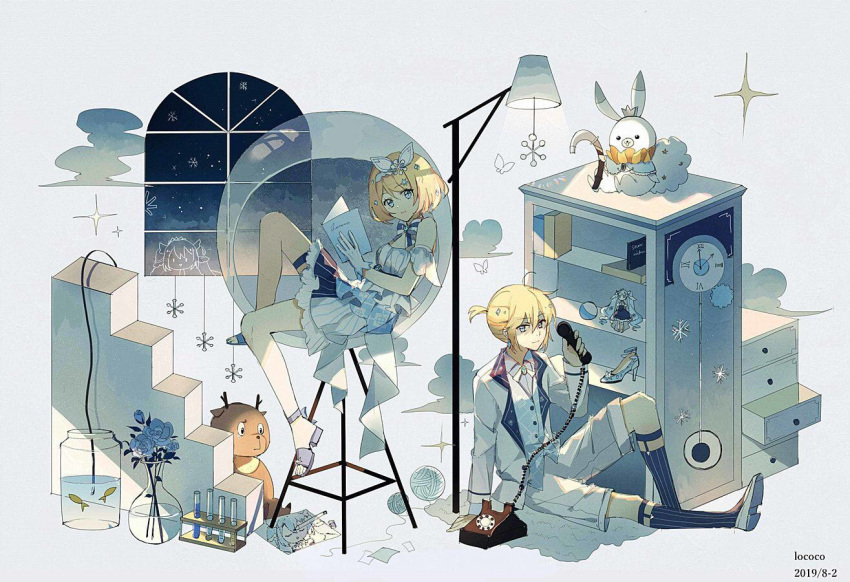 1boy 1girl artist_name black_legwear blonde_hair blue_dress blue_eyes book bow bowtie bug butterfly chair character_doll clouds commentary corded_phone crown dated dress earrings fish flower frills gloves grey_background hair_ornament hairband hatsune_miku holding holding_book holding_phone insect jacket jar jewelry kagamine_len kagamine_rin lamp lococo:p long_sleeves neck_ruff on_ground pencil phone picture_(object) pinstripe_legwear ponytail rabbit rabbit_yukine rose rotary_phone sandals shelf shoes short_hair short_ponytail shorts sitting snowflakes sock_garters socks sparkle striped striped_dress stuffed_animal stuffed_toy suit_jacket test_tube test_tube_rack vase vocaloid white_dress white_footwear white_gloves white_hairband white_jacket white_neckwear white_shorts window yarn yarn_ball yuki_miku yuki_miku_(2019)