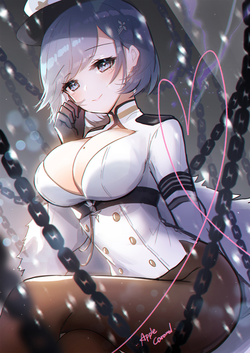 1girl apple_caramel azur_lane bangs black_gloves blue_eyes blue_hair blush breasts chain chapayev_(azur_lane) commentary_request eyebrows_visible_through_hair gloves hair_ornament hairclip hat highres jacket large_breasts looking_at_viewer military_hat mole mole_on_breast peaked_cap short_hair smile solo white_headwear white_jacket