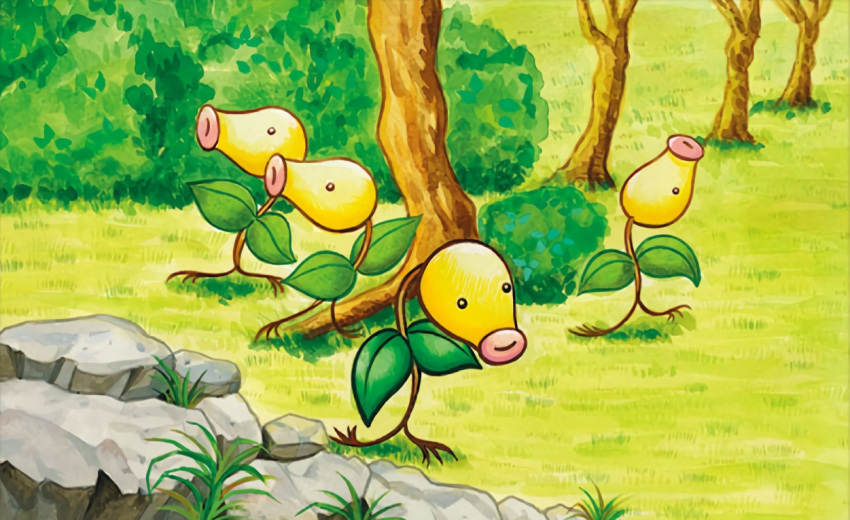 ._. bellsprout black_eyes bush closed_mouth commentary creature day english_commentary full_body gen_1_pokemon grass multiple_sources no_humans official_art outdoors pokemon pokemon_(creature) pokemon_trading_card_game rock smile standing third-party_source tree yamashita_masako