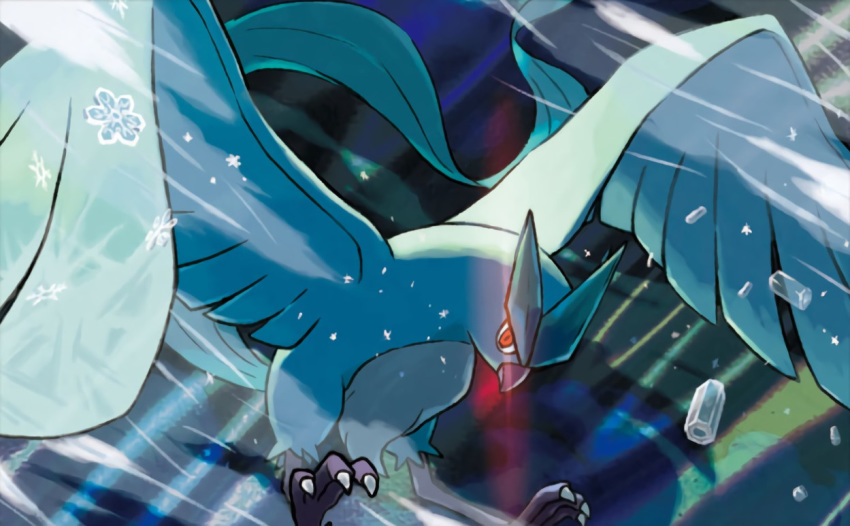 articuno bird bird_focus brown_eyes claws commentary creature english_commentary flying full_body gen_1_pokemon ice legendary_pokemon looking_at_viewer multiple_sources no_humans official_art oomura_yuusuke pokemon pokemon_(creature) pokemon_trading_card_game snowflakes solo third-party_source wind