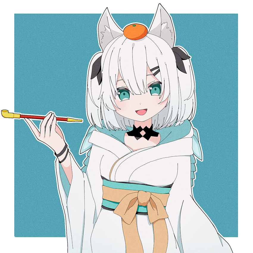 1girl :d animal_ears ars_almal black_bow blue_background blue_eyes bow food food_on_head fox_ears fruit fruit_on_head hair_bow hair_ornament hairclip hand_up hidarimigi1221 highres japanese_clothes kimono kiseru looking_at_viewer nijisanji object_on_head open_mouth orange pipe short_hair smile solo standing two_side_up virtual_youtuber white_hair wristband