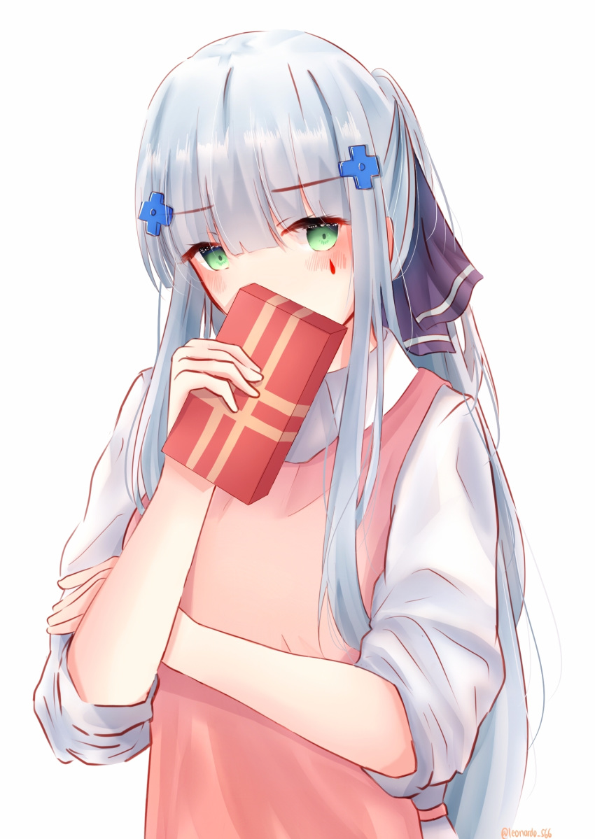 1girl apron bangs blue_hair embarrassed gift girls_frontline green_eyes handkerchief highres hk416_(girls_frontline) leonardo_566 long_hair looking_at_viewer solo valentine white_background