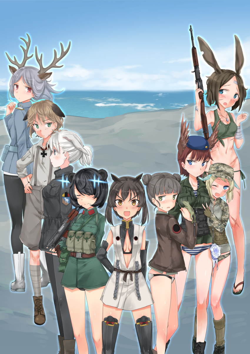 6+girls :d ;d absurdres animal_ears antlers aohashi_ame arms_behind_back bangs belt beret bird_ears black_footwear black_gloves black_hair black_jacket black_legwear blonde_hair blue_eyes blue_headwear blue_jacket blue_outline blue_panties blue_sky blunt_bangs blush bob_cut boots breasts brown_belt brown_eyes brown_hair brown_jacket brown_legwear brown_panties camouflage camouflage_panties closed_eyes closed_mouth clouds cloudy_sky commentary cross cross-laced_footwear day deer_ears dog_tags donkey_ears double_bun emblem eyebrows_visible_through_hair frog frown gauntlets gloves green_jacket green_panties green_sports_bra grey_hair grey_jacket grey_shirt grey_shorts groin gun hand_on_hip hat high-waist_shorts highres hirschgeweih_antennas holding holding_gun holding_weapon jacket light_brown_hair long_sleeves looking_at_viewer lowleg lowleg_panties medium_hair military military_hat military_uniform multiple_girls navel no_pants ocean one_eye_closed open_mouth original outdoors panties pouch reverse_trap rifle shirt shoes short_hair shorts side-tie_panties silver_hair skindentation sky sleeveless sleeveless_jacket sleeves_rolled_up small_breasts smile socks sports_bra standing striped striped_panties suspender_shorts suspenders sweatdrop swept_bangs thigh-highs thigh_boots underwear underwear_only uniform v violet_eyes weapon white_footwear wind world_witches_series