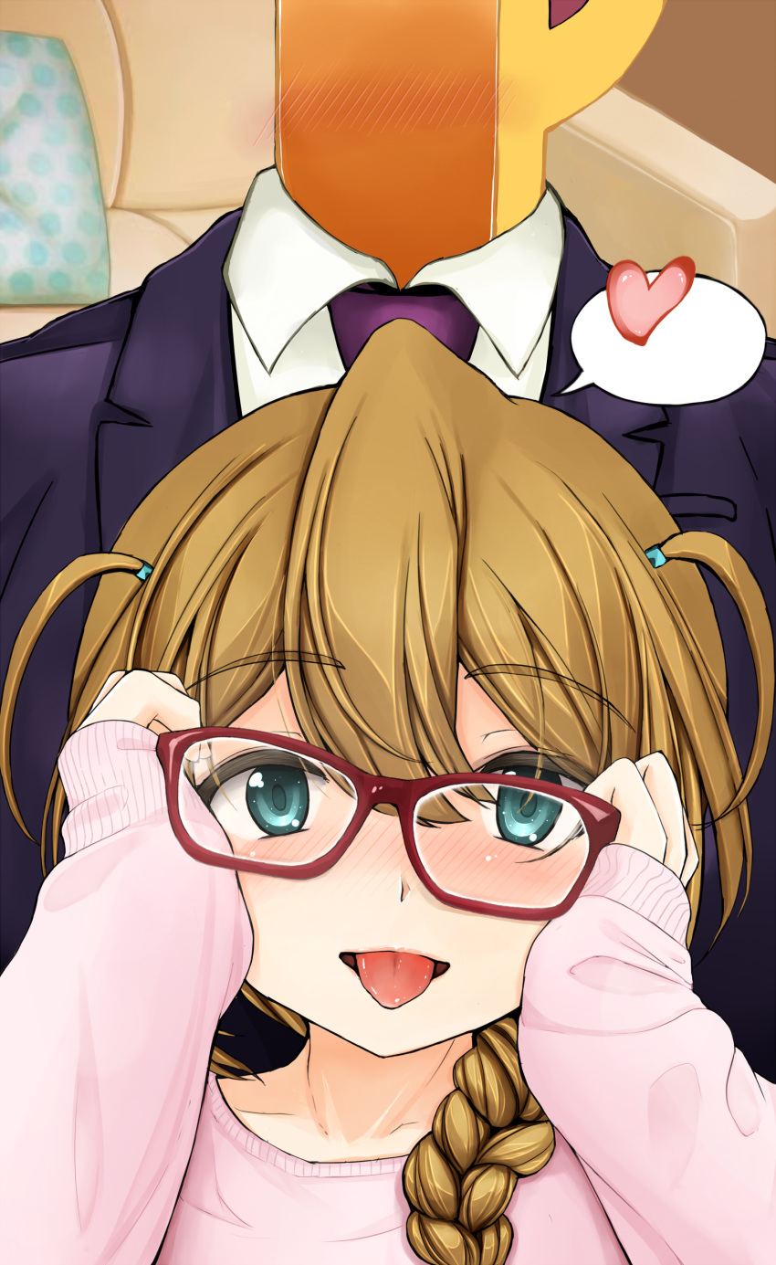 1girl absurdres aqua_eyes baba_konomi blush braid brown_hair close-up commentary_request couch d-tomoyo eyebrows_visible_through_hair formal glasses hair_over_eyes highres idolmaster idolmaster_million_live! long_hair long_sleeves looking_at_viewer necktie p-head_producer pink_sweater shirt single_braid sleeves_past_wrists suit sweater tongue tongue_out white_shirt