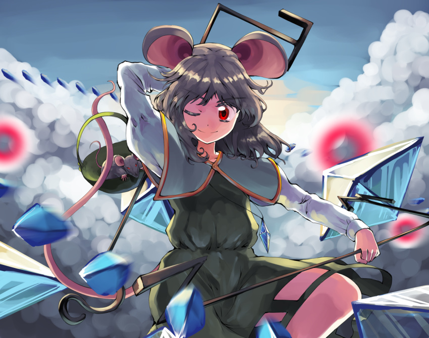 1girl animal_ears arm_behind_head arms_up basket blue_capelet blue_sky capelet clouds danmaku day dowsing_rod dress grey_dress grey_hair highres holding_rod leg_lift long_sleeves looking_at_viewer mouse mouse_ears mouse_tail nazrin one_eye_closed outdoors red_eyes shirt short_hair sky smile solo sunyup tail touhou white_shirt