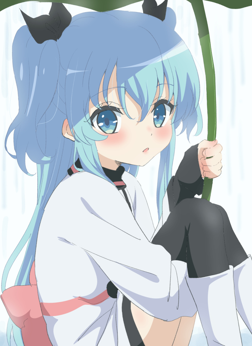 1girl bangs black_legwear black_ribbon blue_eyes blue_hair blush boots bow commentary_request dress eyebrows_visible_through_hair hair_between_eyes hair_ribbon hand_up highres holding knee_boots leaf_umbrella leg_hug long_sleeves looking_at_viewer looking_to_the_side noel_(sora_no_method) parted_lips pink_bow ribbon sidelocks sitting sleeves_past_wrists solo sora_no_method thigh-highs thighhighs_under_boots trg-_(sain) two_side_up white_dress white_footwear