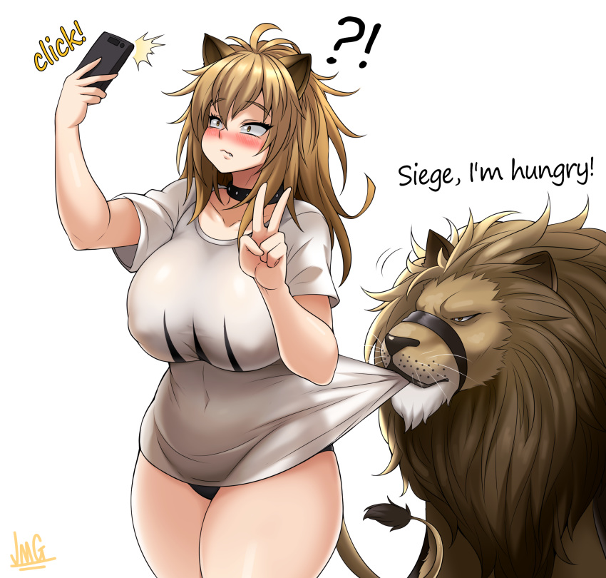 !? 1girl animal animal_ears antenna_hair arknights black_panties blush breasts brown_eyes brown_hair cellphone collar commentary covered_nipples embarrassed english_commentary english_text fang highres holding holding_cellphone holding_phone huge_breasts jmg lion lion_ears lion_tail medium_hair messy_hair muzzle nose_blush pajamas_challenge panties phone print_shirt pulled_by_another self_shot shirt siege_(arknights) standing studded_collar t-shirt tail taking_picture taut_clothes taut_shirt thick_thighs thighs underwear v whiskers