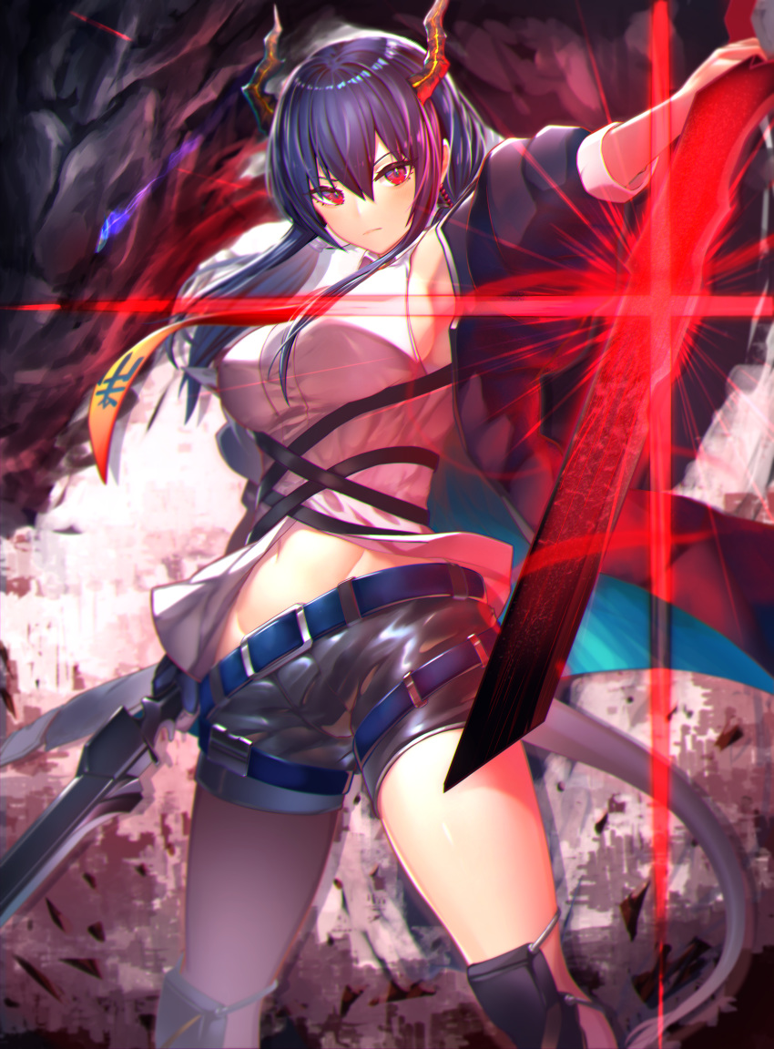 1girl absurdres arknights armpits bangs belt black_jacket black_shorts blue_belt blue_hair breasts ch'en_(arknights) commentary_request feet_out_of_frame groin hair_between_eyes highres holding holding_sword holding_weapon horns huge_filesize jacket long_hair looking_at_viewer medium_breasts navel open_clothes open_jacket outstretched_arm partial_commentary red_eyes shirt short_shorts shorts solo standing sword tail takechii_(user_fpya5735) thighs weapon white_shirt