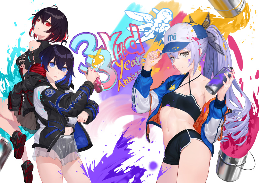 3girls absurdres adjusting_clothes adjusting_hat ahoge anniversary bangs baseball_cap black_hair black_shorts blue_eyes blue_hair breasts bronya_zaychik commentary_request copyright_name crossed_bangs dociracira drill_hair earrings graffiti grey_eyes hat highres homu_(honkai_impact) honkai_(series) honkai_impact_3rd jacket jewelry long_hair long_sleeves looking_at_viewer midriff multicolored_hair multiple_girls navel off_shoulder paint_splatter red_eyes redhead seele_vollerei shoes shorts sideboob sidelocks silver_hair smile sneakers spray_can spray_paint twin_drills two-tone_hair veliona very_long_hair