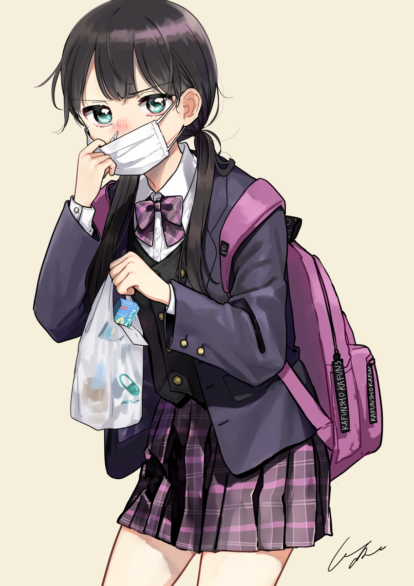 1girl absurdres backpack bag bangs black_hair black_jacket black_vest blazer bow brown_background collared_shirt commentary_request dress_shirt eyebrows_visible_through_hair green_eyes grey_skirt hand_up highres holding holding_bag jacket long_hair long_sleeves looking_at_viewer low_twintails mask mask_pull mouth_mask open_blazer open_clothes open_jacket original plaid plaid_bow plaid_skirt plastic_bag pleated_skirt pomu pulled_by_self purple_bow school_uniform shirt signature simple_background skirt snot solo surgical_mask twintails vest white_shirt