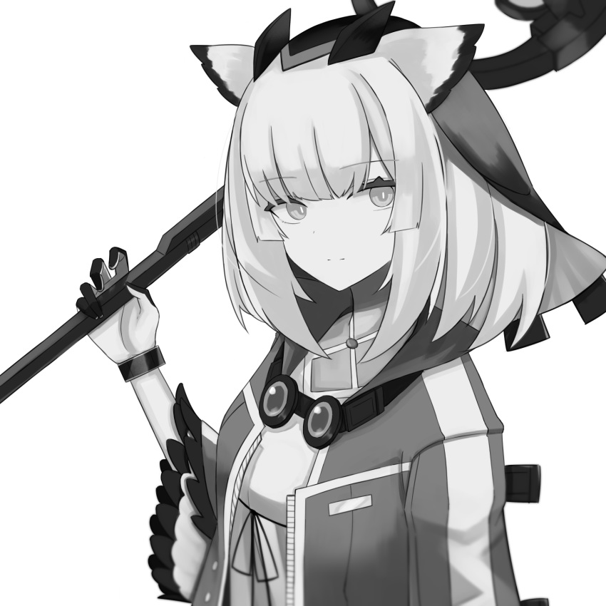 1girl a_iri_a arknights closed_mouth expressionless gloves greyscale highres holding holding_staff jacket looking_at_viewer monochrome open_clothes open_jacket owl_ears ptilopsis_(arknights) short_hair solo staff upper_body veil wide_sleeves