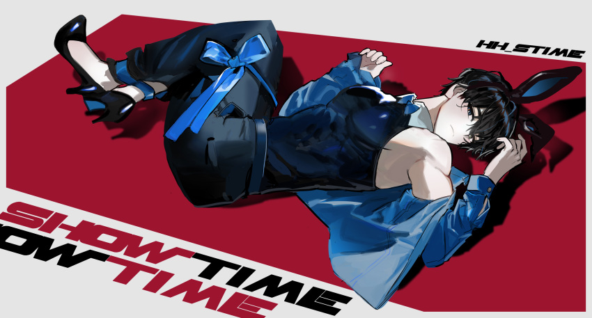 1boy absurdres animal_ears belt black_hair blue_bow blue_eyes blue_jacket blue_neckwear bow bunnysuit closed_mouth fake_animal_ears fingernails frown hh_stime high_heels highres jacket lying male_focus muscle original rabbit_ears solo wrapped_up