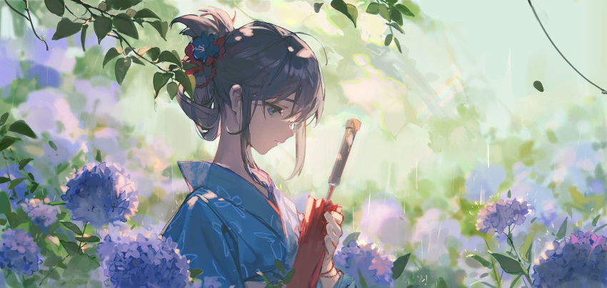 1girl ahoge bangs blue_eyes blue_kimono blurry blurry_background branch brown_hair ciloranko closed_mouth closed_umbrella commentary_request dappled_sunlight floral_print flower flower_request folded_ponytail hair_between_eyes hair_flower hair_ornament highres holding holding_umbrella japanese_clothes kimono looking_down nape original pensive rain rainbow red_umbrella sidelocks solo string string_of_fate sunlight umbrella water_drop