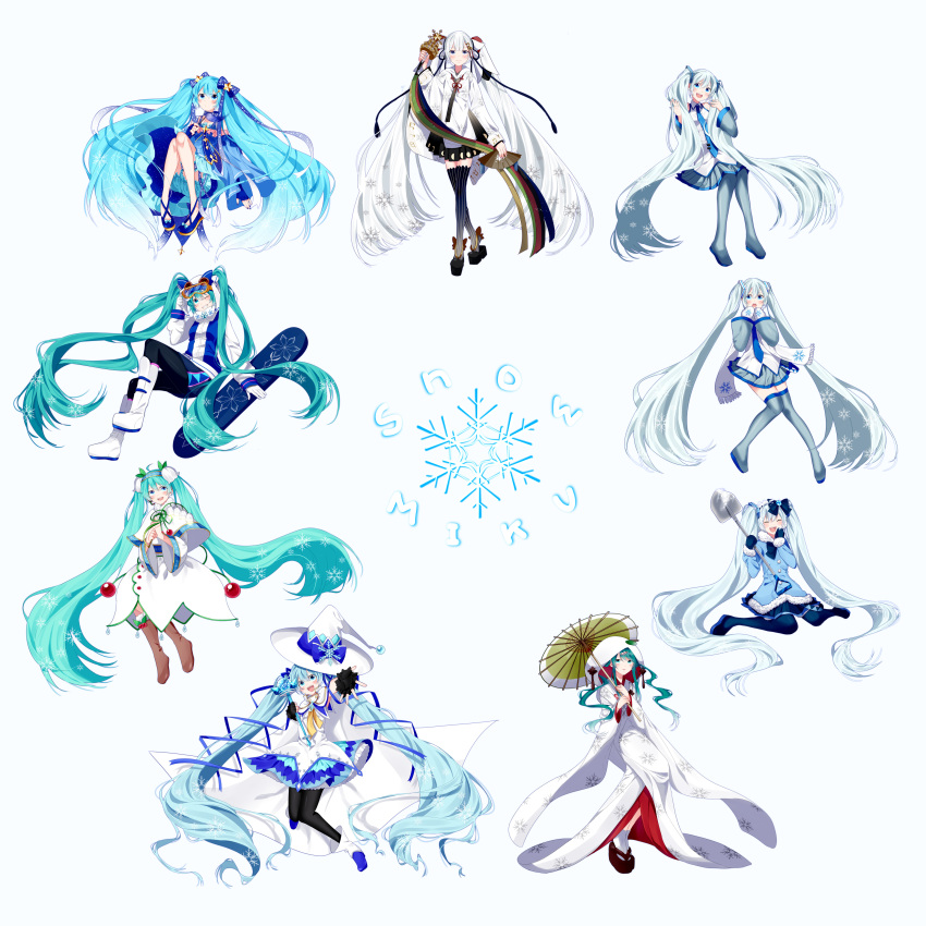 6+girls absurdres ahoge aqua_eyes aqua_hair aqua_nails bare_shoulders beamed_eighth_notes bell belt black_gloves black_skirt bloomers blue_bow blue_dress blue_eyes blue_gloves blue_legwear blue_mittens blue_nails blue_neckwear blue_ribbon blue_skirt blue_sleeves boots bow bubble_skirt capelet character_name cherry cloak closed_eyes coat constellation_print detached_sleeves dress earmuffs eighth_note everyone expressionless fan fingerless_gloves flower folding_fan food fruit full_body fur-trimmed_boots fur-trimmed_coat fur_trim gem gloves grey_legwear grey_sleeves grin hair_flower hair_ornament hair_ribbon hairband hand_to_own_mouth hand_up hands_up hat hat_bow hat_leaf hatsune_miku headset highres holding holding_fan holding_flower holding_instrument holding_shovel holding_umbrella holding_wand hood hooded_kimono instrument jacket japanese_clothes jingle_bell kagura_suzu kimono knee_up large_hat layered_dress leaf light_blue_hair light_blush lily_of_the_valley long_hair looking_at_viewer looking_to_the_side magician miniskirt mittens mizuamemochimochi multiple_girls musical_note musical_note_print nail_polish neck_ribbon necktie one_eye_closed open_mouth oriental_umbrella outstretched_arm owl_ears pantyhose parted_lips petticoat pleated_skirt quarter_note reaching_out ribbon scarf shiromuku shirt shovel silver_skirt sitting ski_gear ski_goggles skirt smile snow_globe snowbell_(flower) snowboard snowflake_ornament snowflake_print snowflakes staff_(music) standing star star_hair_ornament star_ornament star_print striped striped_legwear striped_ribbon surprised tassel thigh-highs thigh_boots treble_clef twintails umbrella underwear very_long_hair vocaloid wand wariza white_background white_capelet white_cloak white_dress white_eyes white_footwear white_gloves white_hair white_headwear white_jacket white_kimono white_mittens white_scarf white_shirt white_skirt wide_sleeves witch_hat yellow_neckwear yuki_miku yuki_miku_(2010) yuki_miku_(2011) yuki_miku_(2012) yuki_miku_(2013) yuki_miku_(2014) yuki_miku_(2015) yuki_miku_(2016) yuki_miku_(2017) zettai_ryouiki zouri