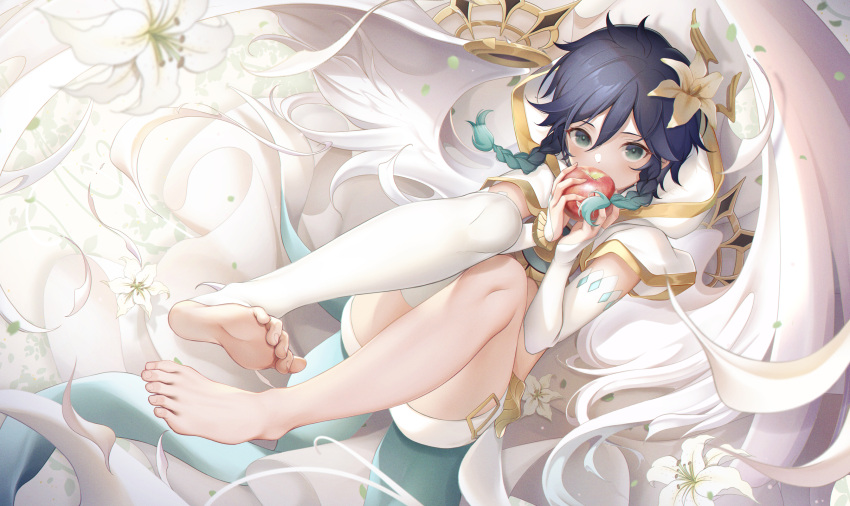 1boy alternate_costume androgynous apple bangs barefoot black_hair blue_eyes blue_hair braid bridal_gauntlets capelet covered_mouth crop_top elbow_gloves feathered_wings feet flower food fruit genshin_impact gloves gold_trim gradient_hair hair_flower hair_ornament highres holding holding_food holding_fruit hood hooded_capelet looking_at_viewer male_focus multicolored_hair noan short_hair_with_long_locks shorts single_thighhigh soles solo thigh-highs toeless_legwear twin_braids venti_(genshin_impact) white_flower white_gloves white_shorts white_wings wings