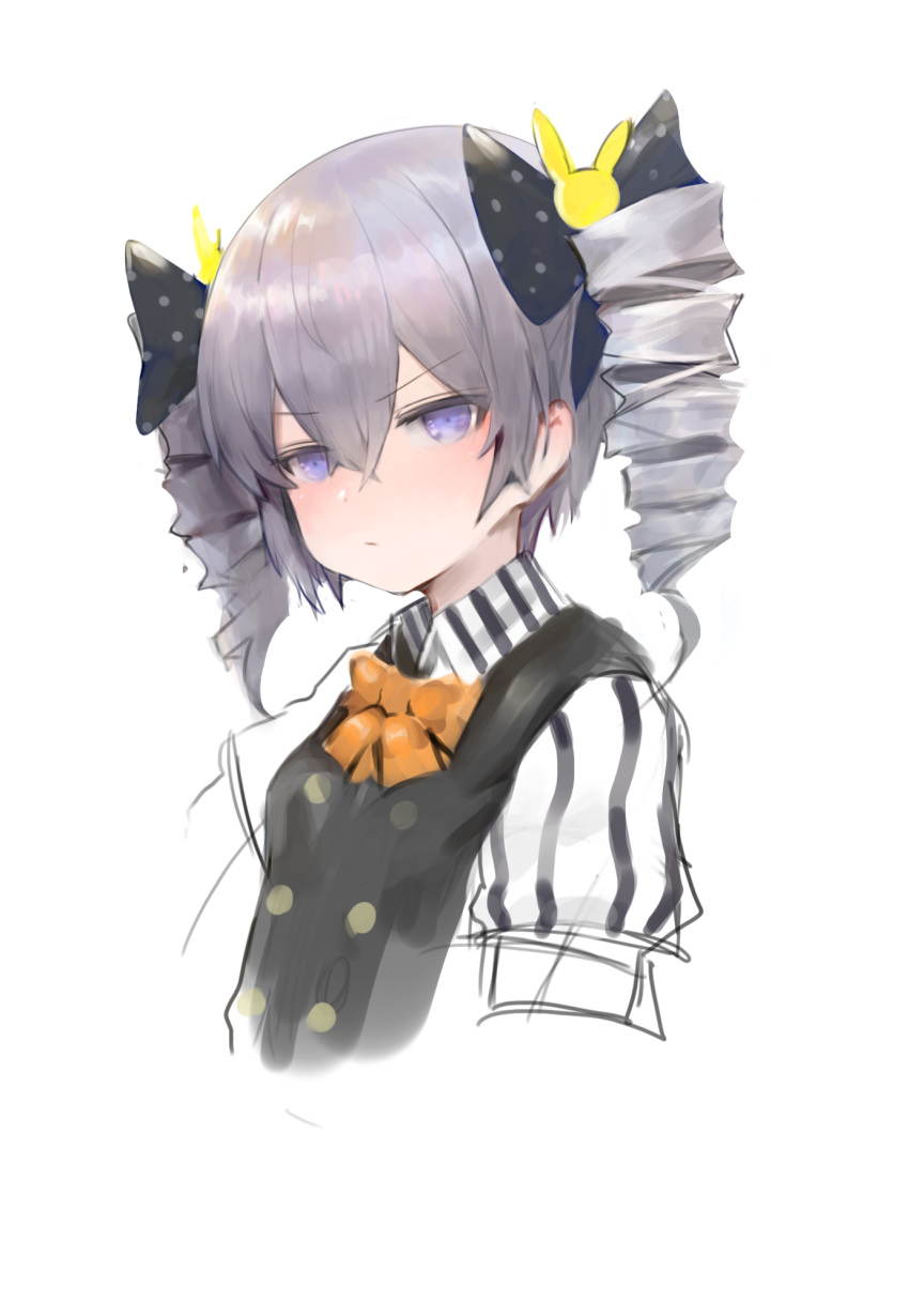 1girl bangs black_bow black_vest blush bow bronya_zaychik bunny_hair_ornament closed_mouth collared_shirt commentary_request cropped_torso dokomon drill_hair eyebrows_visible_through_hair grey_hair hair_between_eyes hair_bow hair_ornament highres honkai_(series) honkai_impact_3rd korean_commentary orange_bow polka_dot polka_dot_bow puffy_short_sleeves puffy_sleeves shirt short_sleeves simple_background solo striped striped_shirt twin_drills twintails upper_body vertical-striped_shirt vertical_stripes vest violet_eyes white_background white_shirt