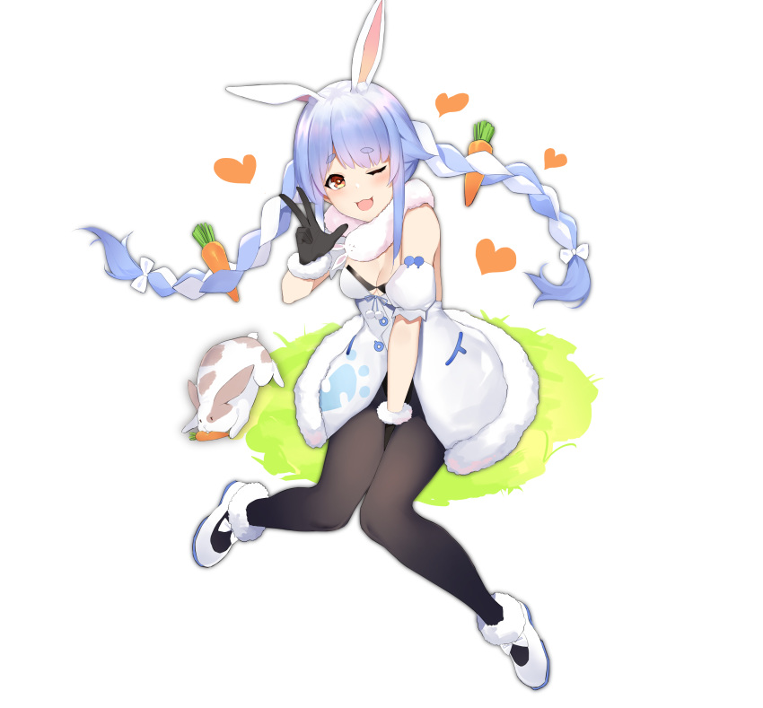 1girl ;d absurdres animal_ear_fluff animal_ears bangs black_gloves black_legwear blue_hair blush braid breasts carrot carrot_hair_ornament coat eyebrows_visible_through_hair food_themed_hair_ornament full_body fur_trim gloves hair_ornament heart highres hololive long_braid long_hair looking_at_viewer medium_breasts meng_ge_3_(565571710) multicolored_hair one_eye_closed open_mouth pantyhose rabbit rabbit_ears scarf sitting smile solo twin_braids usada_pekora v virtual_youtuber white_coat white_footwear white_hair