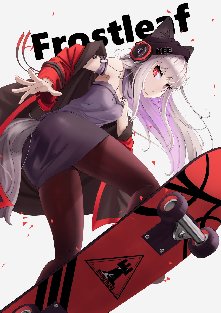1girl absurdres arknights armpits ass bangs bare_shoulders black_legwear blue_background blunt_bangs breasts character_name frostleaf_(arknights) hat headphones highres jacket long_hair looking_at_viewer open_mouth pantyhose red_eyes silver_hair simple_background skateboard skateboarding skirt sleeveless solo tail tsunaho_kn