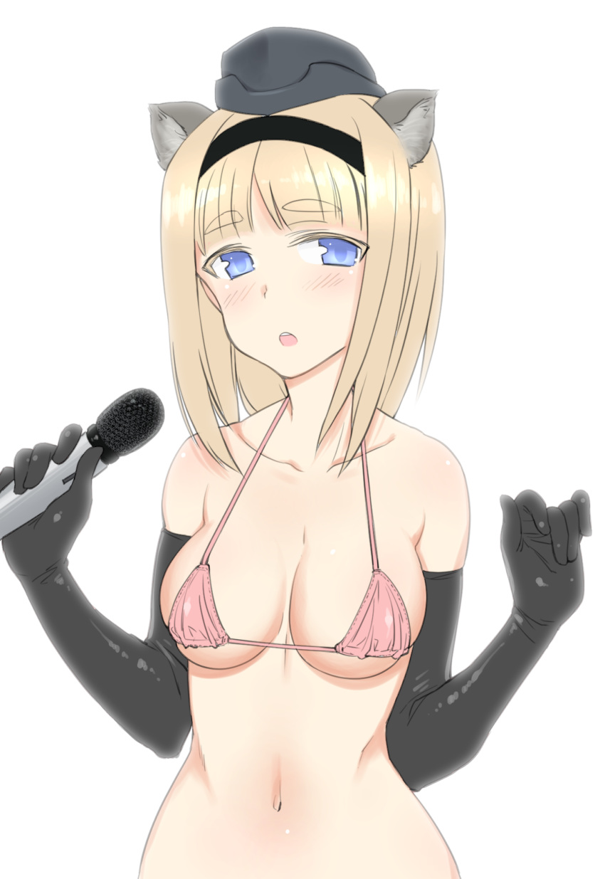 1girl animal_ears aohashi_ame bangs bikini black_gloves black_hairband black_headwear blunt_bangs blush breasts commentary elbow_gloves eyebrows_visible_through_hair garrison_cap gloves hairband half-closed_eyes hat highres holding holding_microphone idol_witches looking_at_viewer maria_magdalena_dietrich medium_breasts medium_hair microphone navel open_mouth pink_bikini simple_background skindentation solo squirrel_ears strike_witches string_bikini swimsuit upper_body w_arms white_background world_witches_series