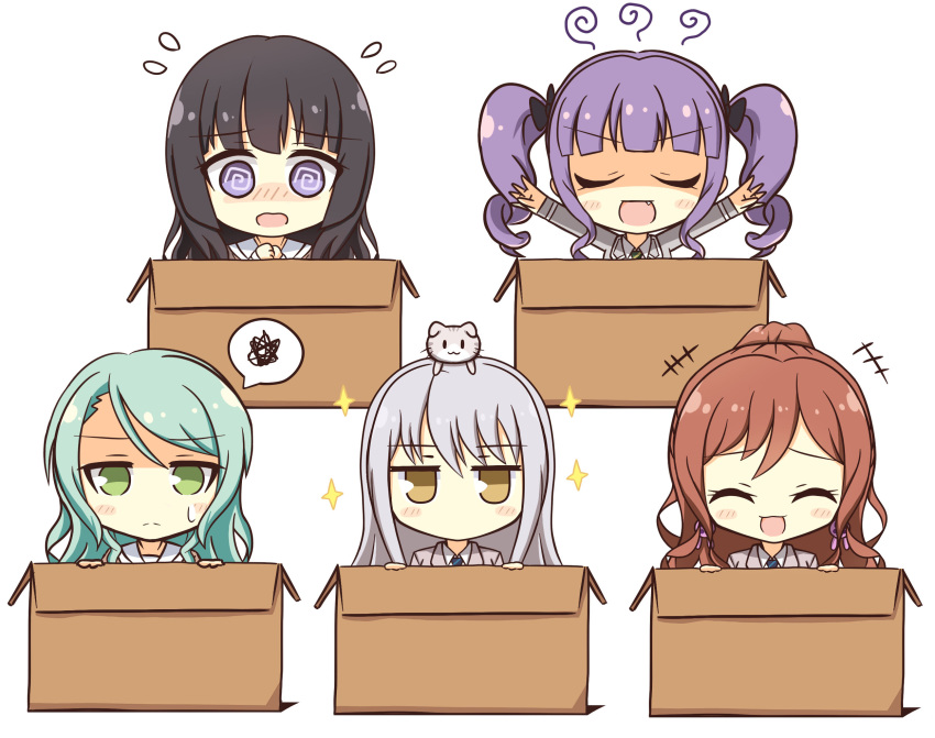 +++ 5girls :&lt; :3 @_@ ^_^ animal_on_head aqua_hair bang_dream! bangs black_hair black_ribbon blue_neckwear blush blush_stickers box brown_hair brown_serafuku bunny_earrings cardboard_box cat cat_on_head chibi closed_eyes collared_shirt commentary_request drill_hair error eyebrows_visible_through_hair fang flying_sweatdrops green_eyes green_neckwear grey_jacket hair_between_eyes hair_ribbon half_updo hanasakigawa_school_uniform haneoka_school_uniform hasewox highres hikawa_sayo hime_cut imai_lisa in_box in_container jacket jitome laughing long_hair long_sleeves looking_at_viewer minato_yukina multiple_girls necktie nervous nose_blush on_head open_mouth outstretched_arms own_hands_together purple_hair ribbon roselia_(bang_dream!) sailor_collar school_uniform serafuku shaded_face shirokane_rinko shirt sidelocks silver_hair simple_background smile sparkle spoken_squiggle squiggle striped striped_neckwear sweatdrop twin_drills twintails u_u udagawa_ako upper_body violet_eyes white_background white_sailor_collar white_shirt yellow_eyes |3 |_| |d