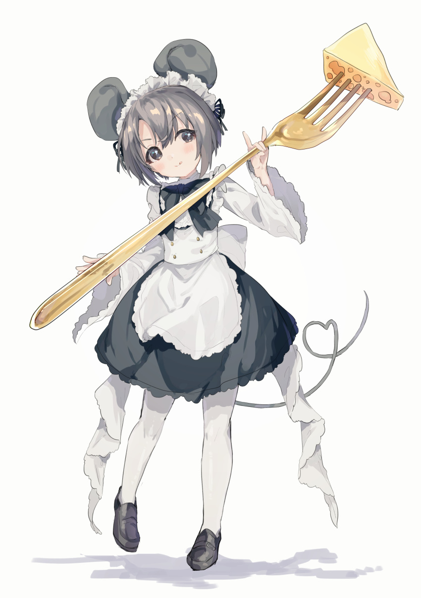 1girl :p absurdres alternate_costume animal_ears apron bangs black_bow black_dress black_footwear blush bow bowtie cheese chinese_zodiac closed_mouth dress enmaided eyebrows_visible_through_hair fake_animal_ears fake_tail food fork frilled_apron frills full_body grey_eyes grey_hair highres holding holding_fork idolmaster idolmaster_cinderella_girls loafers long_sleeves looking_to_the_side maid maid_apron maid_dress maid_headdress mouse_ears mouse_girl mouse_tail otokura_yuuki oversized_object pantyhose shadow shoes short_hair simple_background smile social_kasu_(mob_oji_katu) solo tail tongue tongue_out white_apron white_background white_legwear wide_sleeves year_of_the_rat