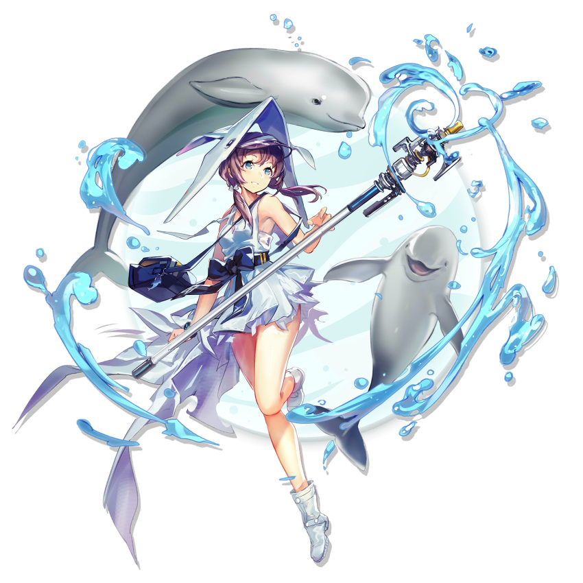 1girl arknights bag bangs bare_arms bare_legs bare_shoulders blue_bow blue_eyes blue_sash boots bow dress elite_ii_(arknights) grey_dress grey_footwear grin handbag hat highres long_hair low_twintails purestream_(arknights) purple_hair sash short_dress sleeveless sleeveless_dress smile staff thighs transparent_background twintails whale yui_(niikyouzou)