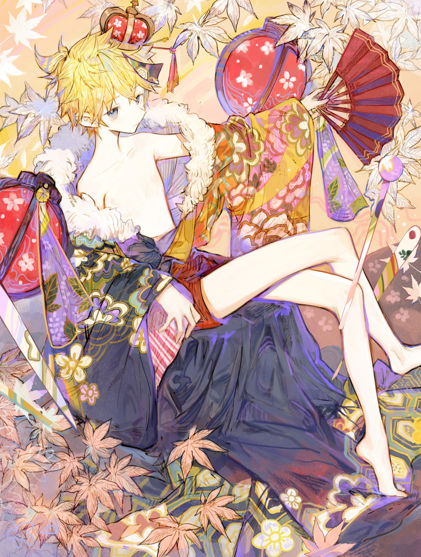 1boy absurdres bare_legs barefoot blonde_hair closed_mouth commentary crossed_legs eyebrows_visible_through_hair fan folding_fan gigantic_o.t.n_(vocaloid) green_eyes highres holding holding_fan japanese_clothes jitome kagamine_len lantern leaf long_sleeves looking_at_viewer male_focus maple_leaf paper_lantern rosette_(yankaixuan) shirtless sitting solo vocaloid wide_sleeves