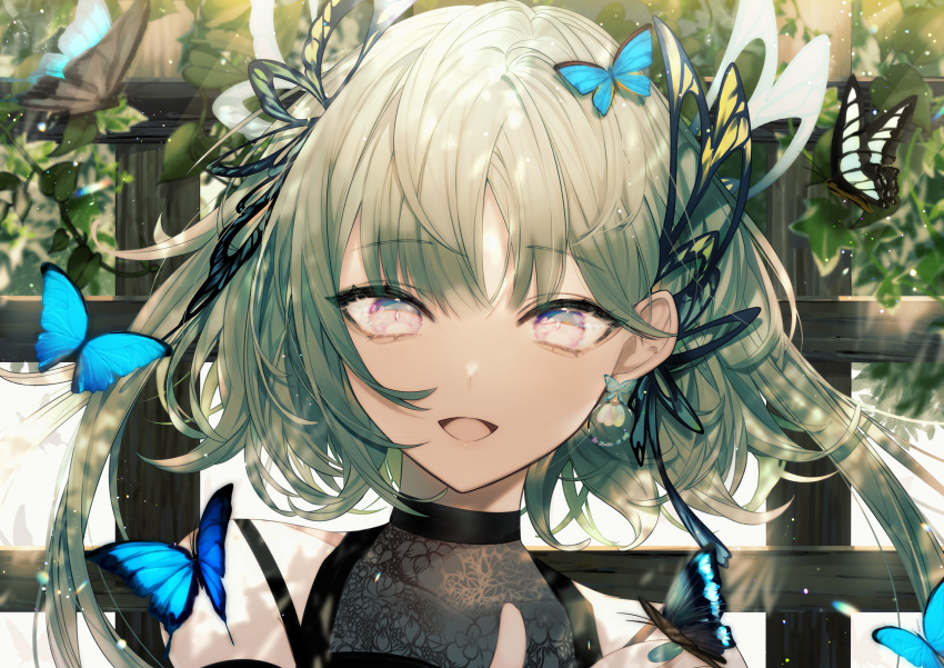 1girl absurdres blush bug butterfly butterfly_earrings butterfly_hair_ornament daimaou_ruaeru eyebrows_visible_through_hair grey_hair hair_ornament highres insect long_hair looking_at_viewer open_mouth original pink_eyes smile solo twintails upper_body