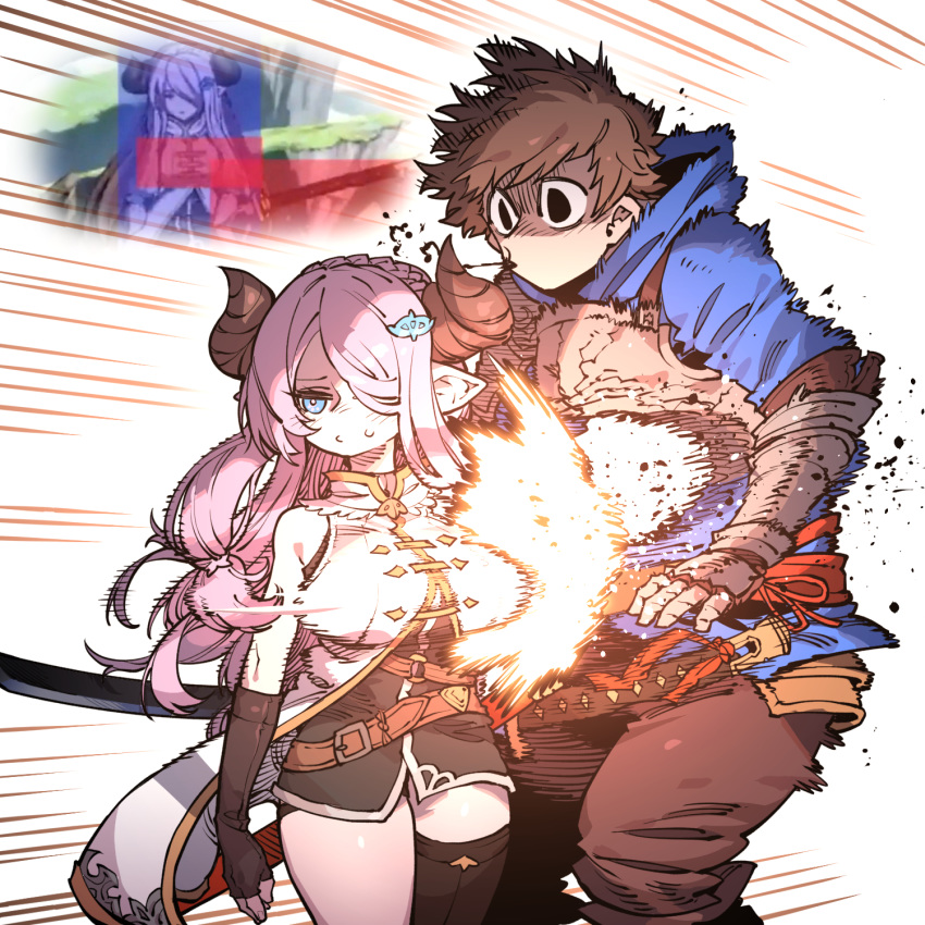 1boy 1girl belt blood blood_from_mouth blue_eyes breasts brown_hair draph fingerless_gloves gameplay_mechanics gauntlets gloves gran_(granblue_fantasy) granblue_fantasy granblue_fantasy_versus hair_ornament hair_over_one_eye hairclip highres hit_box hitting hood hoodie horns idohj12 large_breasts narmaya_(granblue_fantasy) pink_hair pointy_ears single_thighhigh thigh-highs