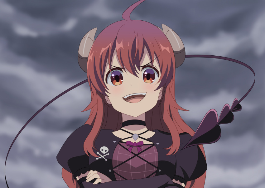 1girl :d ahoge bangs black_choker black_jacket breasts brown_eyes brown_hair choker clouds cloudy_sky commentary_request crossed_arms curled_horns day demon_girl demon_horns demon_tail derivative_work eyebrows_visible_through_hair hair_between_eyes horns jacket lilith_(machikado_mazoku) long_hair looking_at_viewer machikado_mazoku medium_breasts open_clothes open_jacket outdoors possessed puffy_short_sleeves puffy_sleeves short_sleeves sky smile solo tail upper_body v-shaped_eyebrows yoshida_yuuko_(machikado_mazoku) yutsuki_warabi