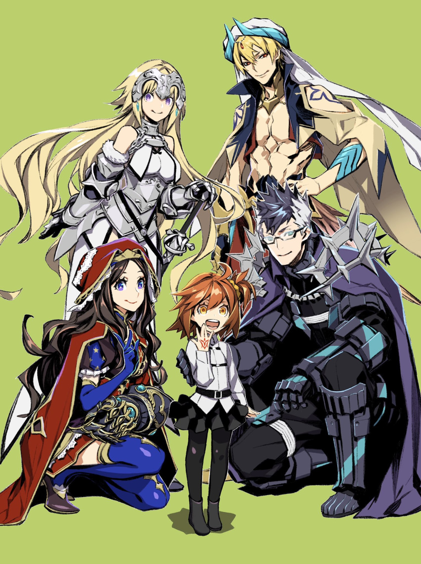 2boys 3girls abs ahoge arm_around_shoulder armor armored_boots bangs belt black_footwear black_hair black_legwear black_skirt blonde_hair blue_eyes blue_gloves blue_legwear boots breasts brown_footwear brown_hair cape child cloak closed_mouth dress elbow_gloves fate/grand_order fate_(series) frilled_skirt frills fujimaru_ritsuka_(female) full_body gauntlets gilgamesh gilgamesh_(caster)_(fate) glasses gloves green_background hair_between_eyes hand_on_hilt hand_on_hip helm helmet high_heels highres horns jeanne_d'arc_(fate) jeanne_d'arc_(fate)_(all) jewelry kneeling leonardo_da_vinci_(fate/grand_order) long_hair long_sleeves looking_at_viewer medium_breasts miniskirt miwa_shirou multicolored_hair multiple_boys multiple_girls one_knee open_mouth orange_eyes orange_hair pants pantyhose parted_bangs pendant photo-referenced puffy_short_sleeves puffy_sleeves red_eyes red_headwear shadow shirt shirtless shoes short_hair short_sidetail short_sleeves side_ponytail sigurd_(fate/grand_order) simple_background skirt smile spiked_armor spiky_hair standing star star_print sword thigh-highs thighs turban two-tone_hair v veil violet_eyes waistcoat weapon white_hair white_shirt younger zettai_ryouiki