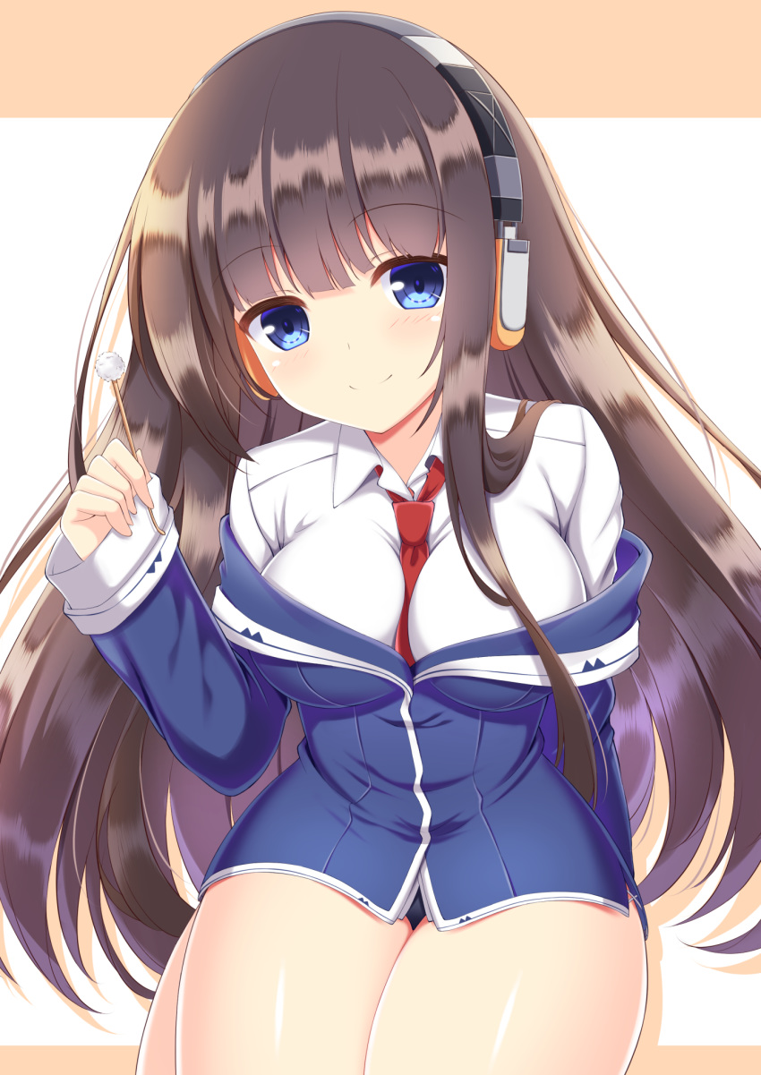 1girl azur_lane bangs between_breasts blue_eyes blue_jacket blush breasts brown_background brown_hair closed_mouth collared_shirt colored_shadow commentary_request drop_shadow eyebrows_visible_through_hair headphones highres holding jacket kamishiro_(rsg10679) large_breasts long_hair long_island_(azur_lane) long_sleeves looking_at_viewer mimikaki necktie necktie_between_breasts red_neckwear seiza shadow shirt sitting sleeves_past_wrists smile solo thighs two-tone_background very_long_hair white_background white_shirt