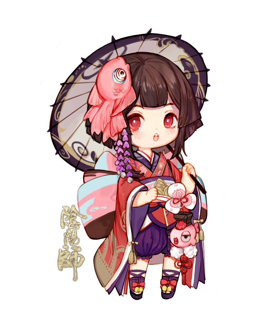 1girl absurdres back_bow bangs bell bow bright_pupils brown_hair chibi clog_sandals copyright_request fish_hair_ornament full_body hair_ornament highres holding holding_umbrella japanese_clothes jingle_bell kimono light_blush long_sleeves looking_at_viewer obi oriental_umbrella parted_lips pigeon-toed puffy_pants red_bow red_kimono rosette_(yankaixuan) sandals sash shoe_bow shoes short_hair simple_background solo standing umbrella white_background white_umbrella wide_sleeves