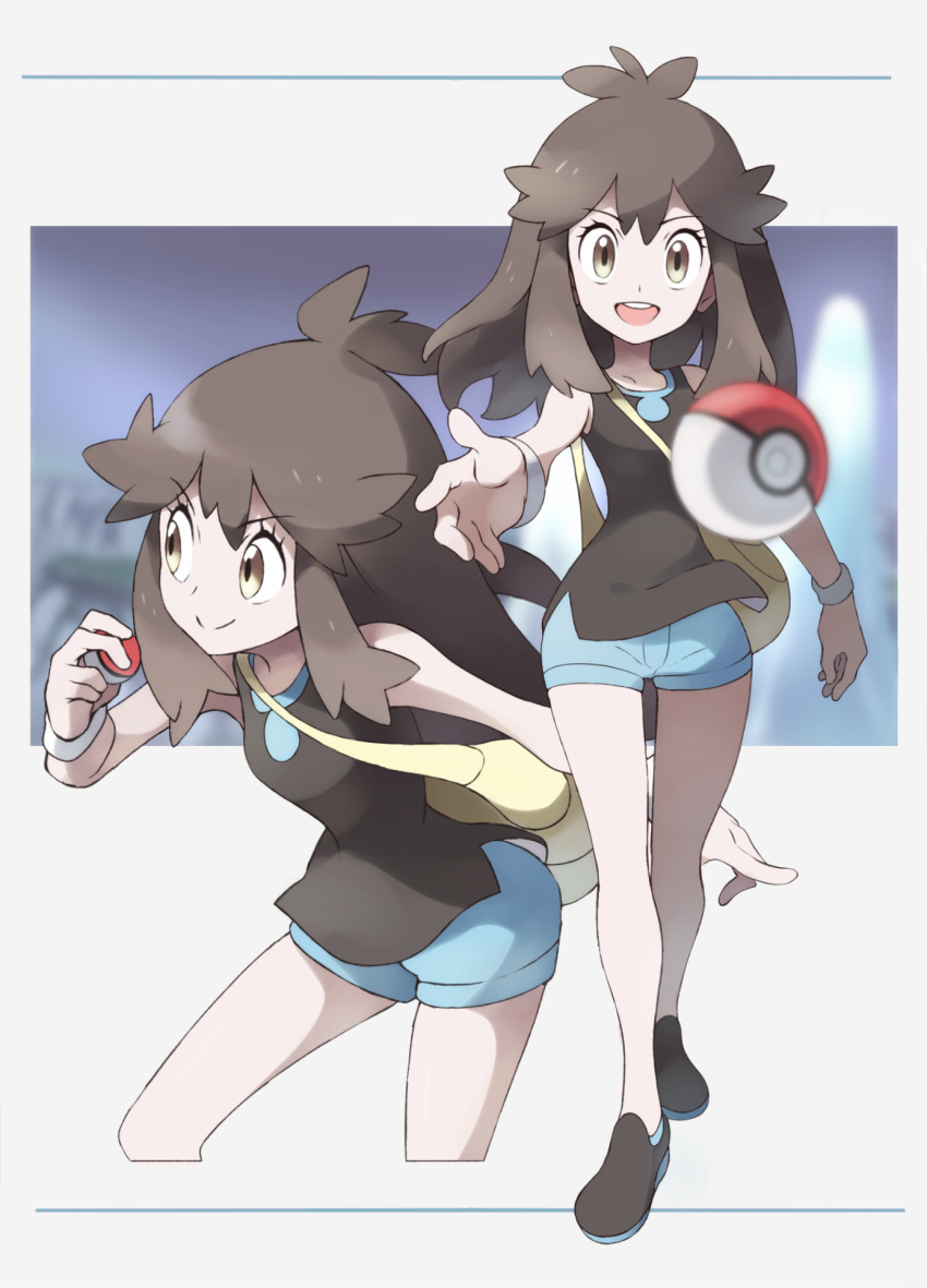 1girl bag blue_(pokemon) blue_shorts bracelet breasts brown_hair closed_mouth graphite_(medium) highres jewelry long_hair looking_at_viewer nomura_(buroriidesu) open_mouth poke_ball pokemon pokemon_(game) pokemon_lgpe shirt short_shorts shorts sleeveless smile solo thigh_gap traditional_media