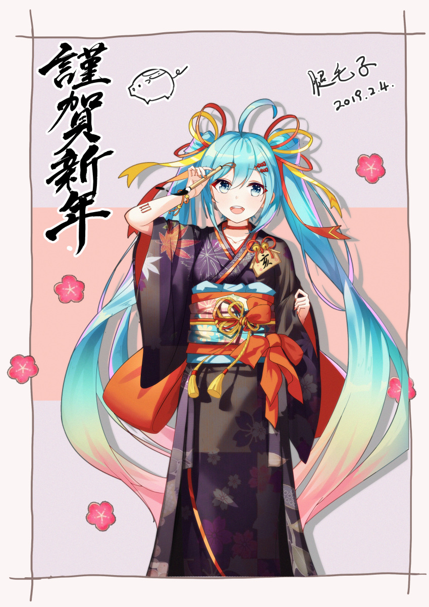 1girl absurdres ahoge alternate_hairstyle aqua_eyes aqua_hair arrow bad_id bad_pixiv_id bell blurry blurry_background double_bun earrings flower food food_on_face hair_bell hair_flower hair_ornament hairclip hamaya hatsune_miku highres holding japanese_clothes jewelry jingle_bell kimono long_hair looking_at_viewer nail_polish nengajou new_year obi omikuji open_mouth parfait pinky_out sash sitting solo uncleluo vocaloid
